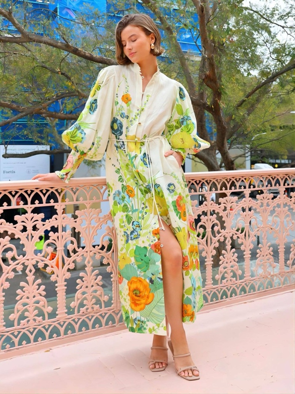 Floral Long Sleeve Maxi Dress in Cream and Green